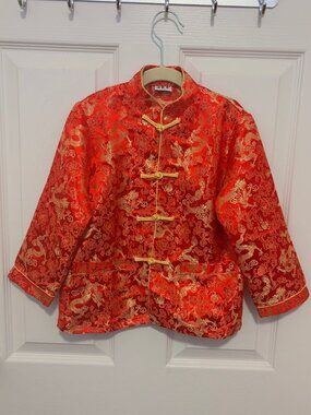 Kids Chinese Tang Suit Jacket Red Gold Dragon Size 8